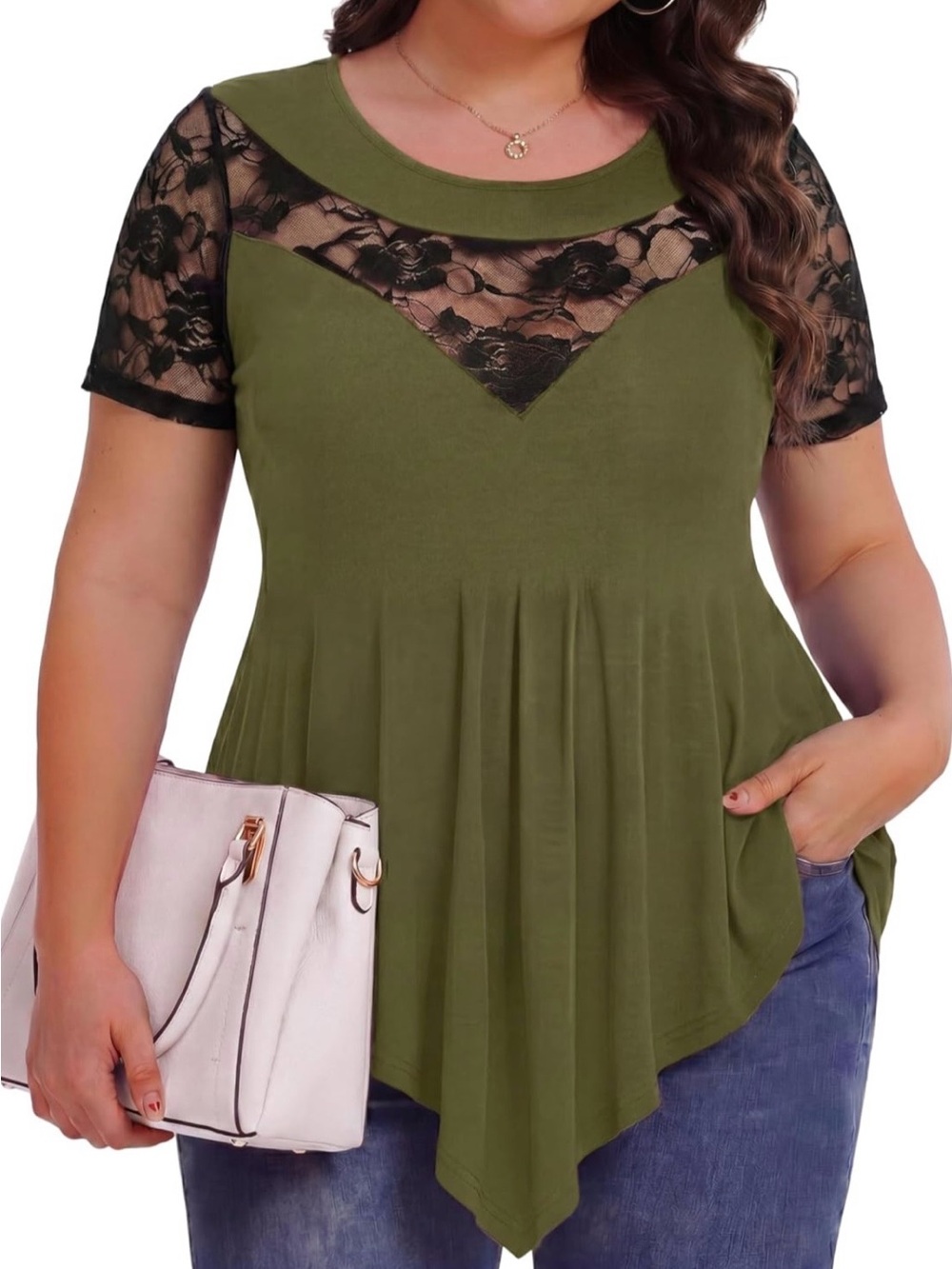 Plus Size Olive Green Lace Short Sleeve Top - Picture 2 of 3